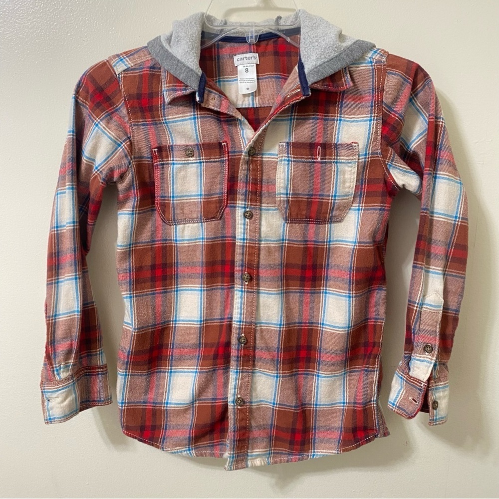 Carter’s boys hooded button down plaid long sleeve shirt size 8